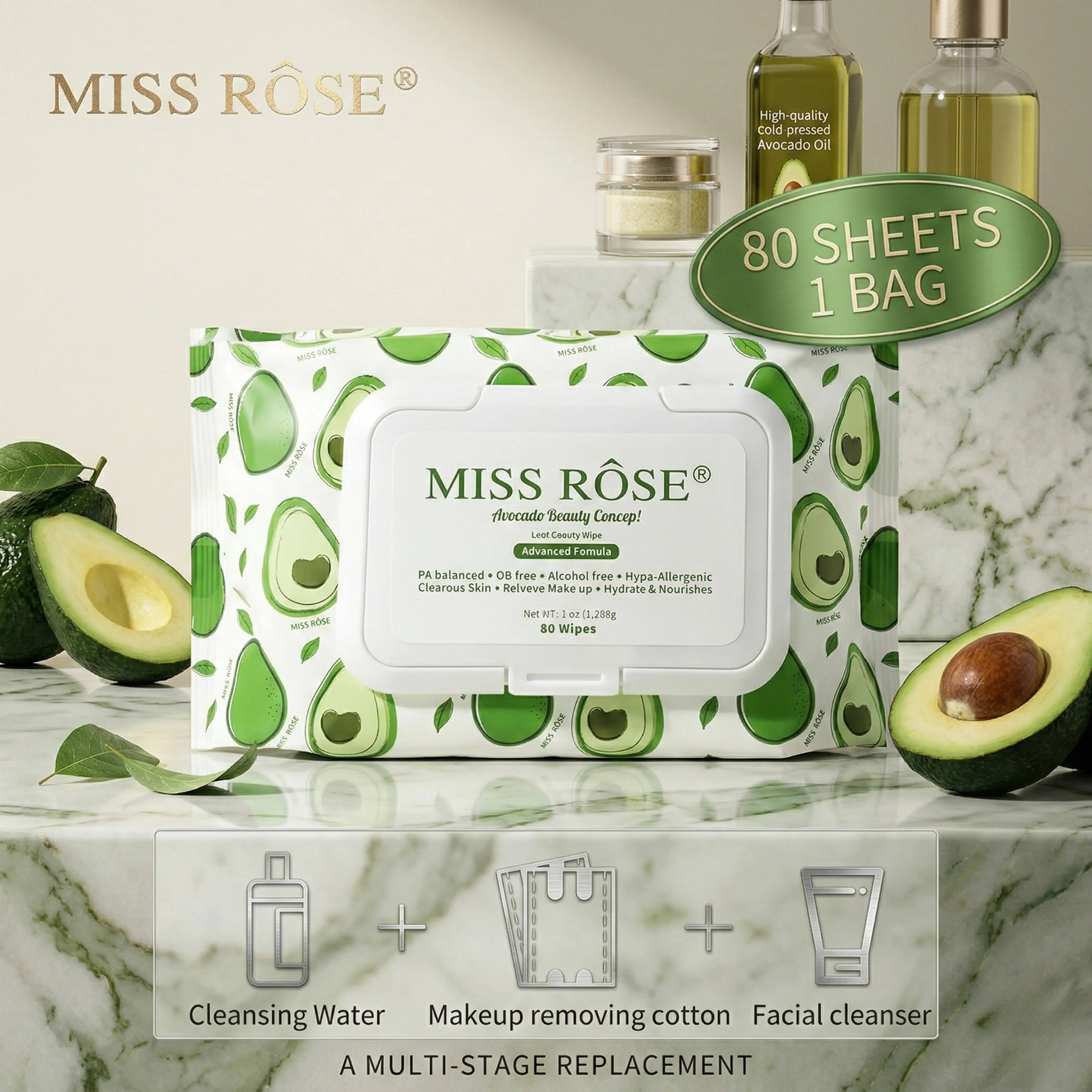 Miss Rose Avocado Makeup Remover Wipes – 80 Sheets Gentle Cleansing & Moisturizing