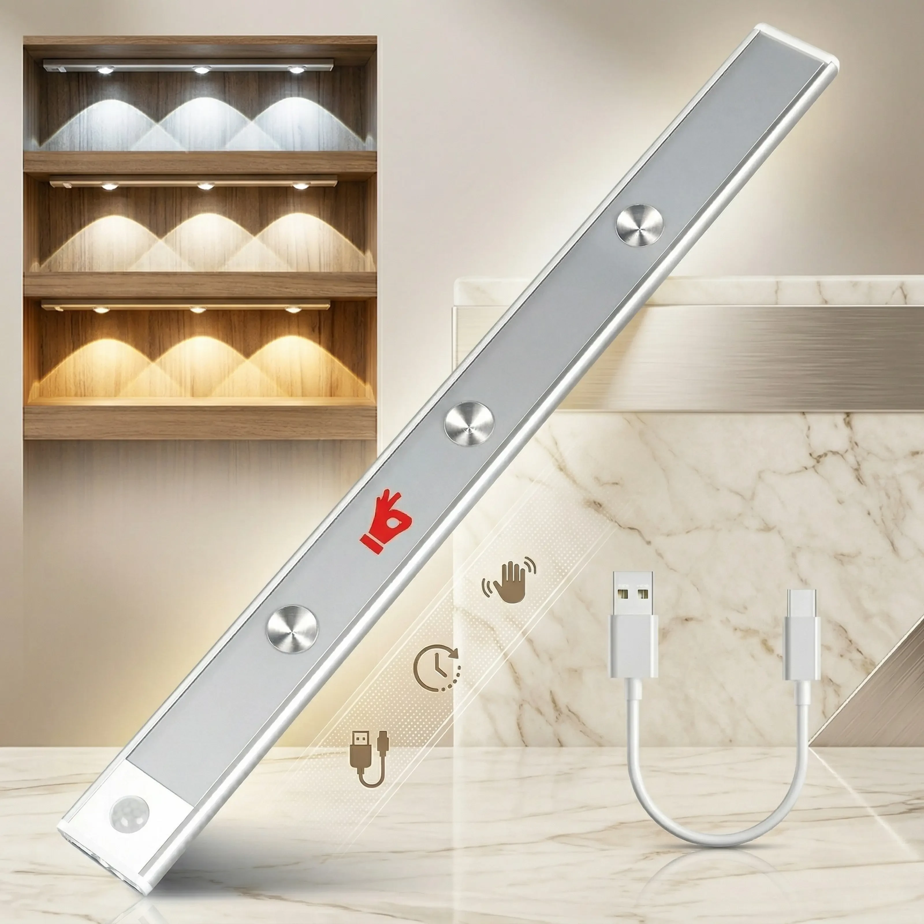 Motion Sensor LED Light Bar – USB Rechargeable Wireless Cabinet & Wardrobe Light with Auto On/Off