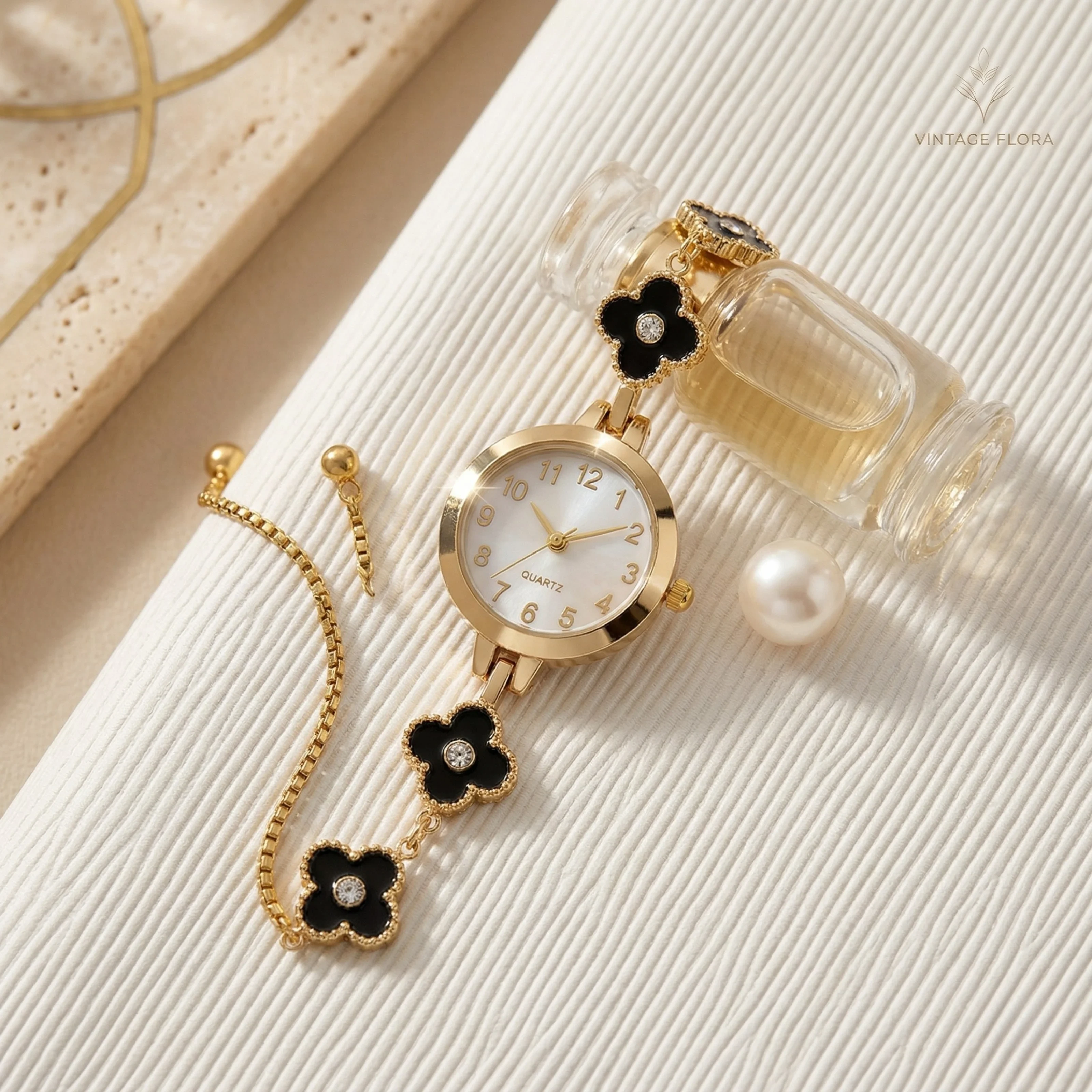 Gold-Plated Bracelet Watch for Women – Luxury Elegant Quartz Wrist Watch with Floral Design
